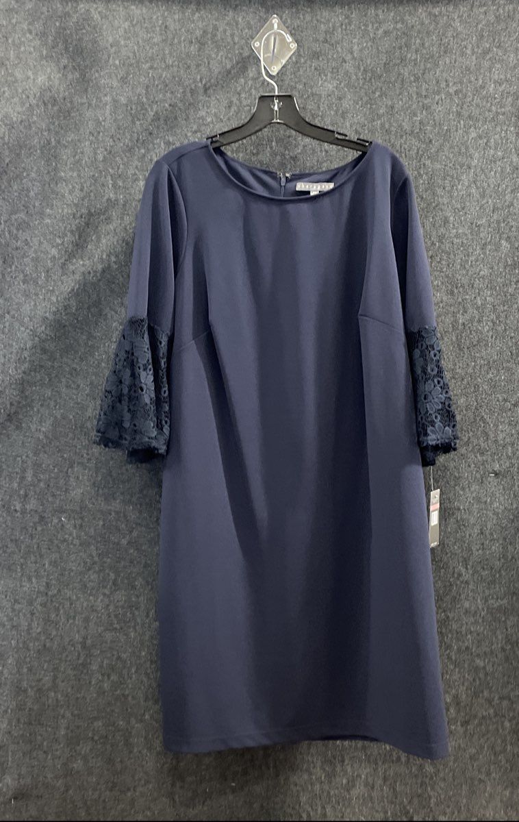 Sharagano Women's Deep Navy Lace Bell Sleeve Shift Dress Sz 14W NWT