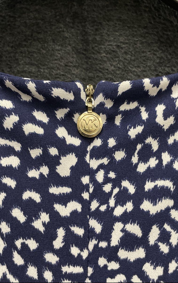 Michael Kors Women's Navy Blue Animal Print Long Sleeve Faux Wrap Dress Sz M