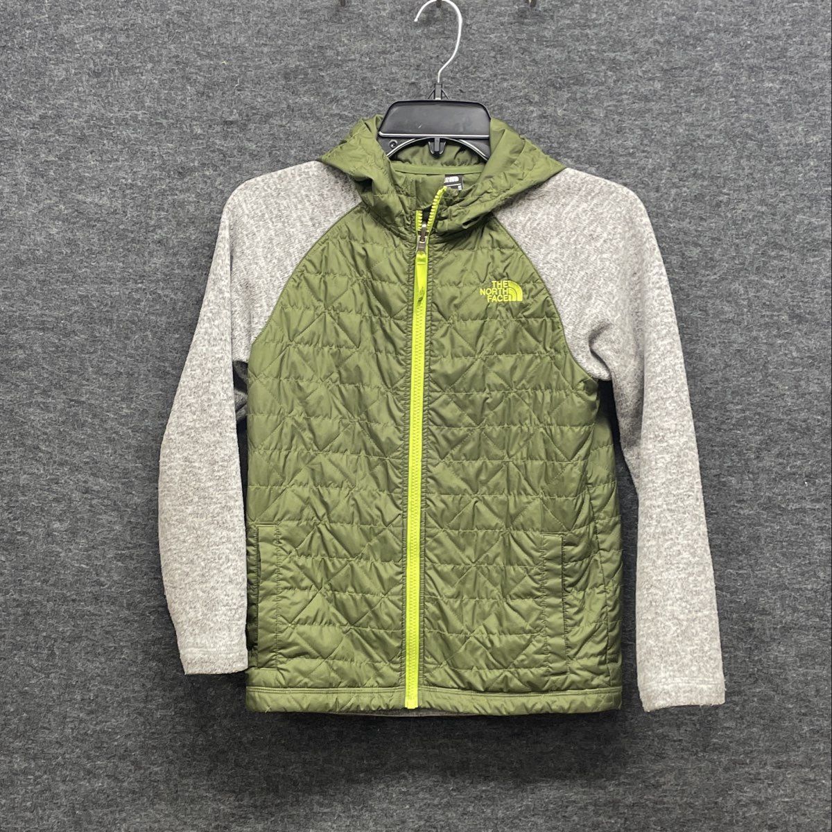 The North Face Boy's Hybrid Quilted Fleece Hooded Jacket Green Grey Sz M 10/12