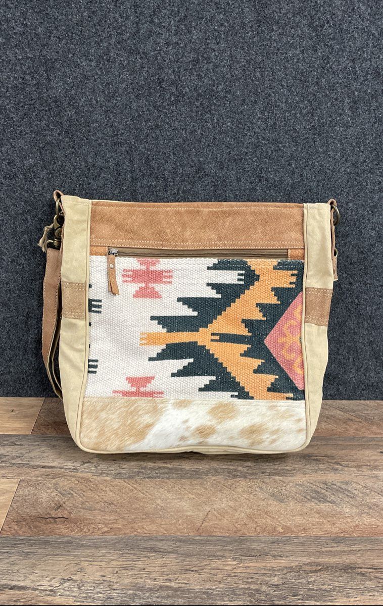 Upcycled Canvas & Cowhide Southwestern Tribal Print Shoulder Bag Tan