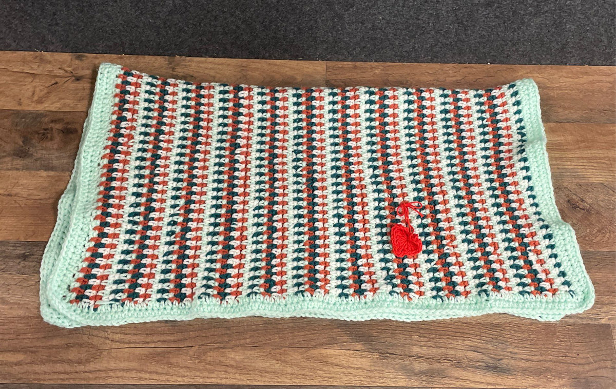 Handmade Crochet Block Stitch Baby Blanket Stripes Mint Orange White Teal