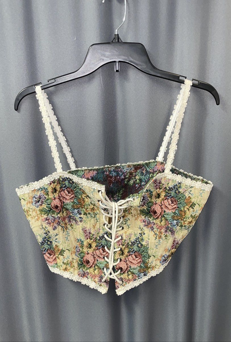Romwe Women's Green Floral Tapestry Lace Up Corset Top Scalloped Trim Sz L