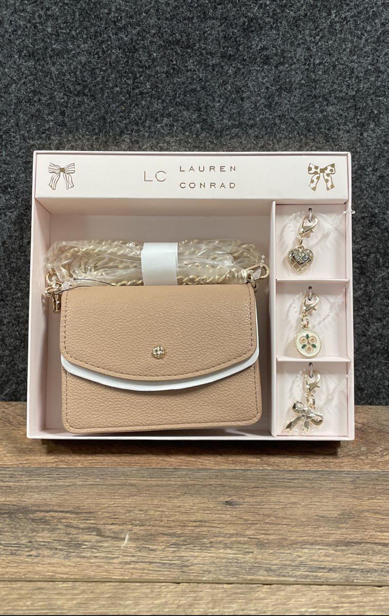 LC Lauren Conrad Tan Bethan Mini Crossbody Bag Wallet Set Removable Charms NWT