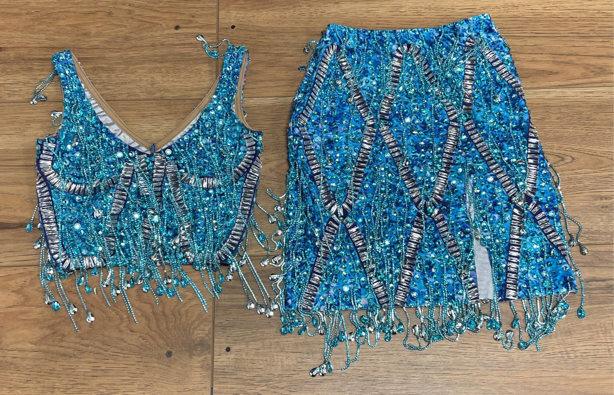 Women's Blue 2-Piece Performance Dance Outfit Beaded Rhinestone Fringe Set Sz S