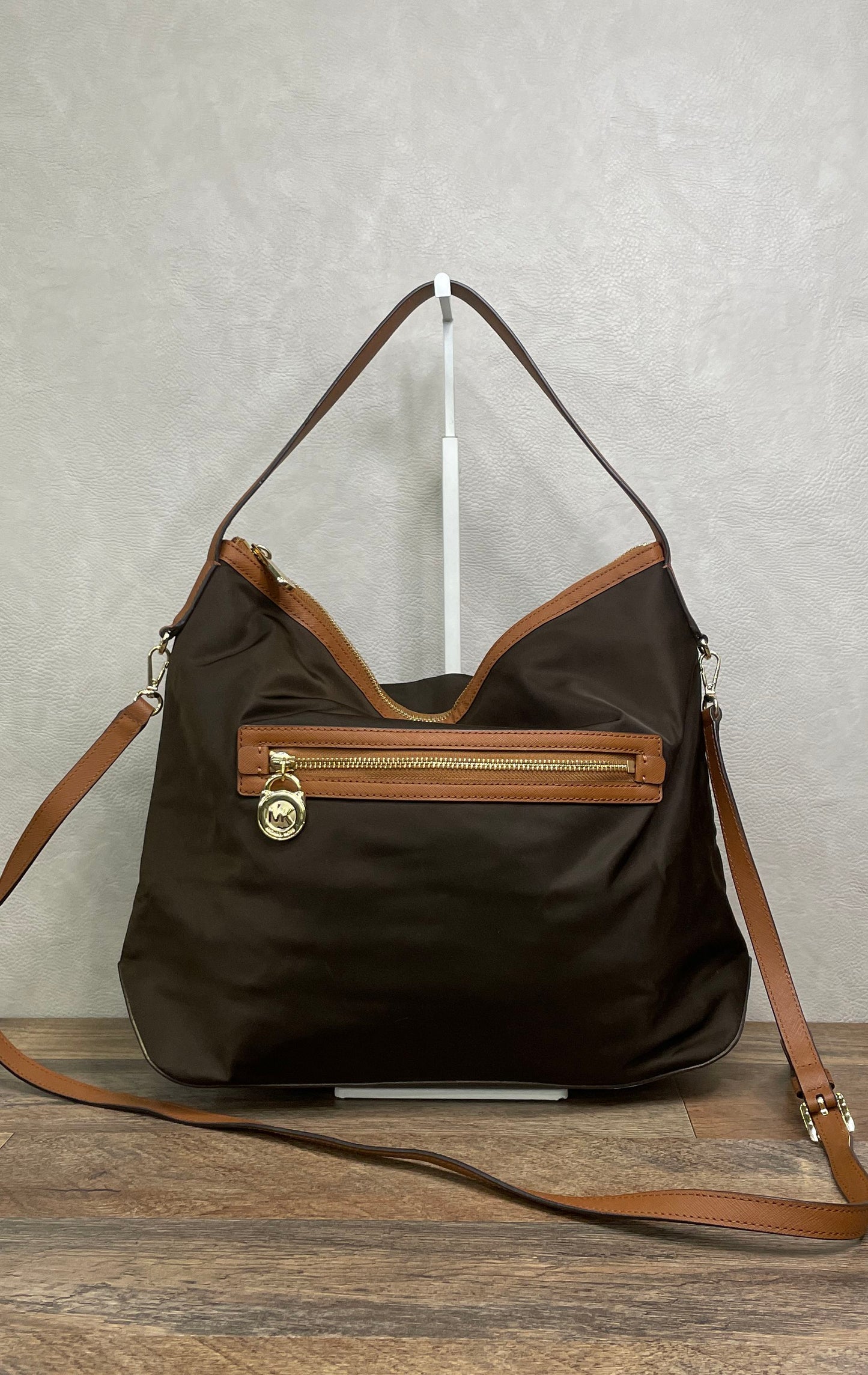 Michael Kors Brown Nylon Saffiano Leather Trim Hobo Shoulder Bag Gold Hardware