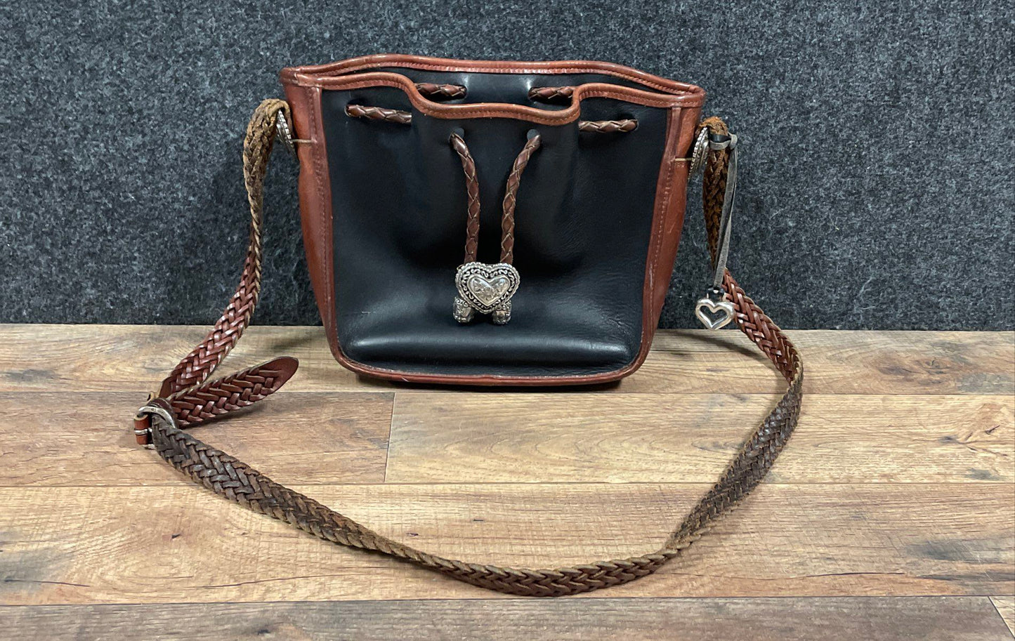 Vintage 90s Brighton Black Brown Leather Bucket Crossbody Bag Heart Hardware