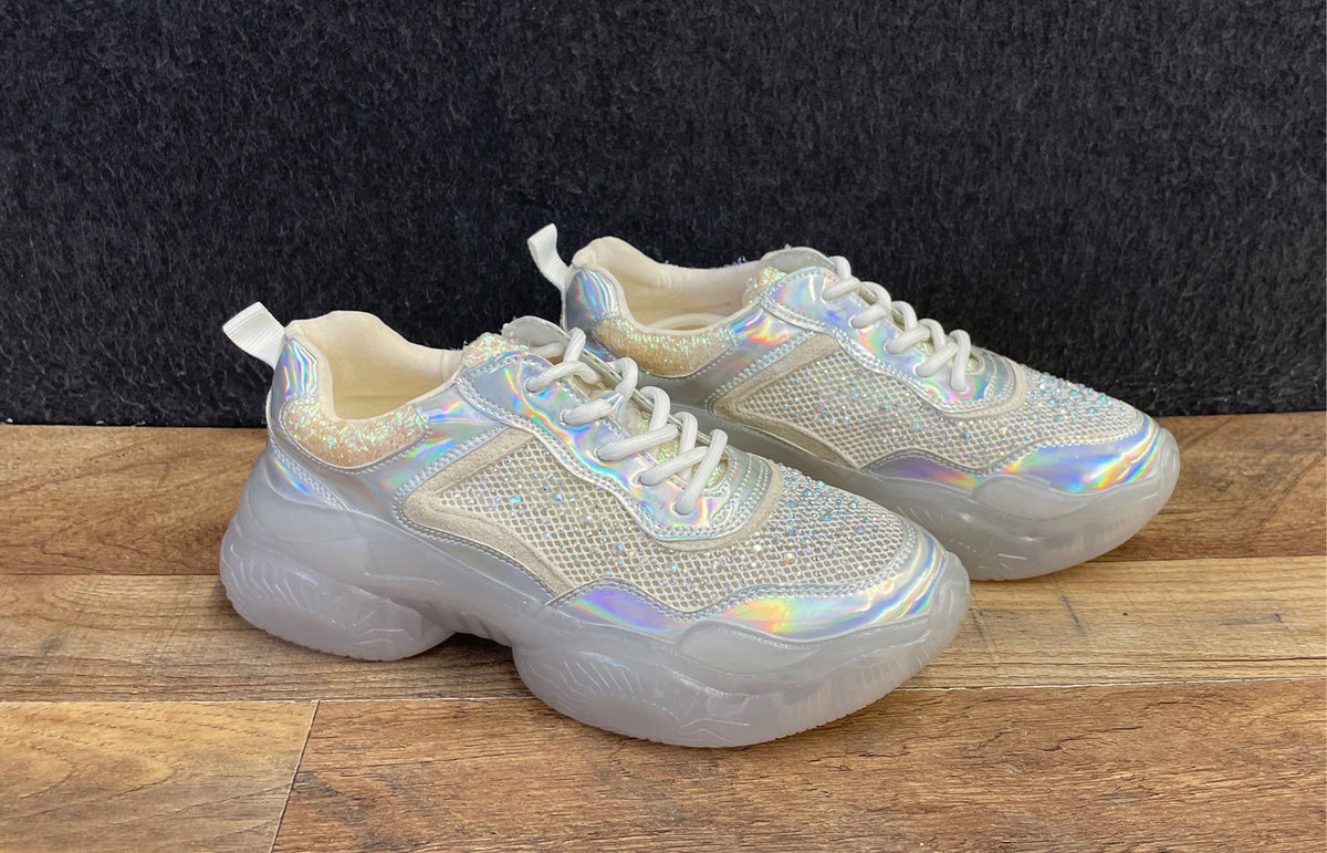 La Sheelah Mindful-7 Silver Holographic Rhinestone Sneakers Size 7