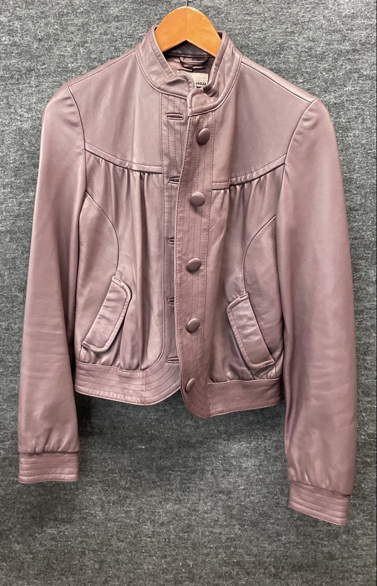 H&M Women's Purple Leather Button Front Stand Collar Pleated Yoke Jacket Sz 6