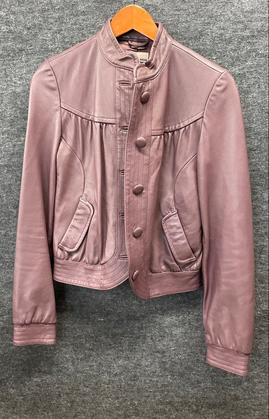 H&M Women's Purple Leather Button Front Stand Collar Pleated Yoke Jacket Sz 6