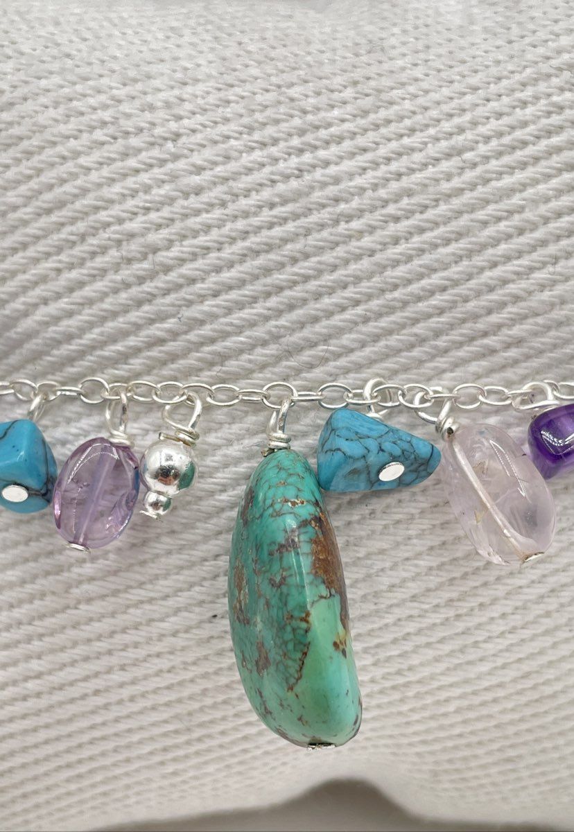 925 Sterling Silver Turquoise & Amethyst Charm Bracelet 16.5g