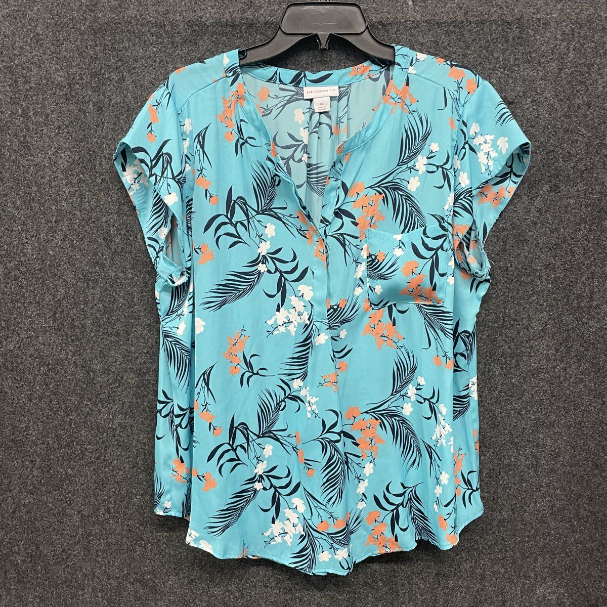 Liz Claiborne Women's Blue Tropical Floral Palm Print Pocket Blouse Sz XL