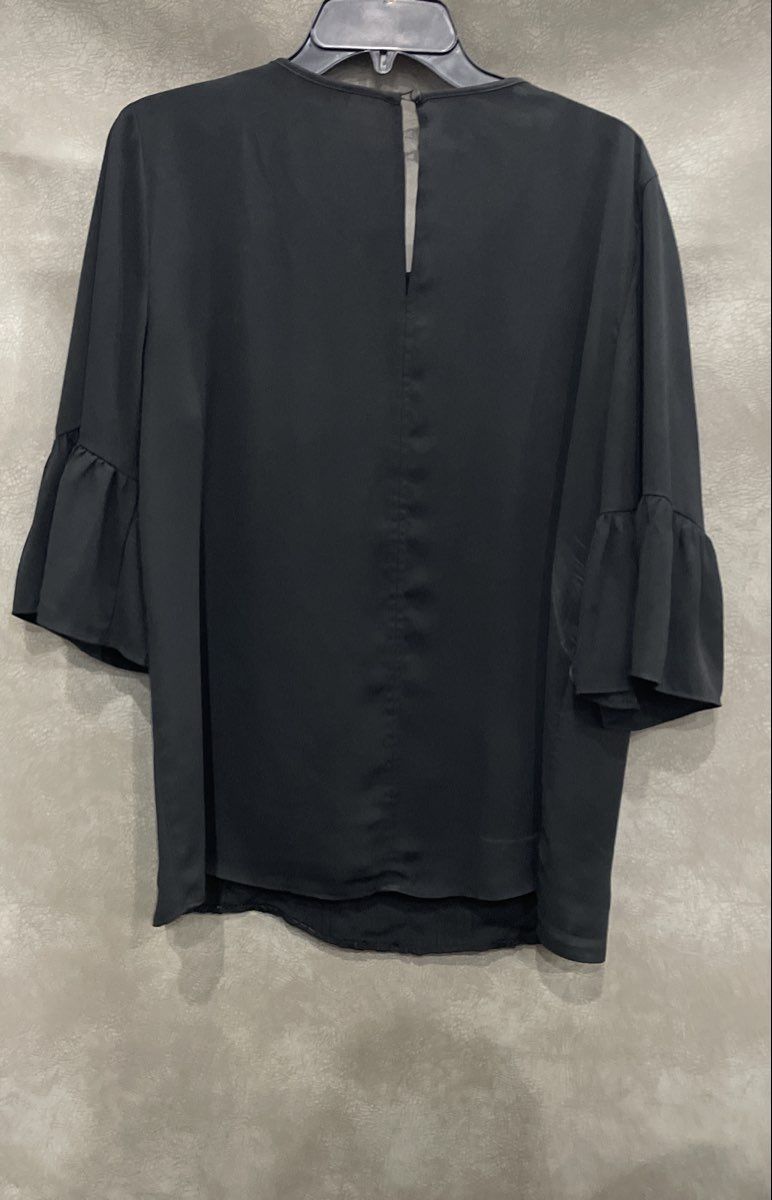 LOFT Outlet Women's Black Embroidered Lace Front Bell Sleeve Blouse Size L