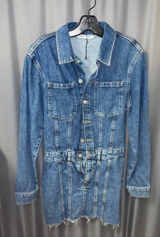 Zara Women's Blue Denim Button Up Long Sleeve Raw Hem Mini Dress Size XS