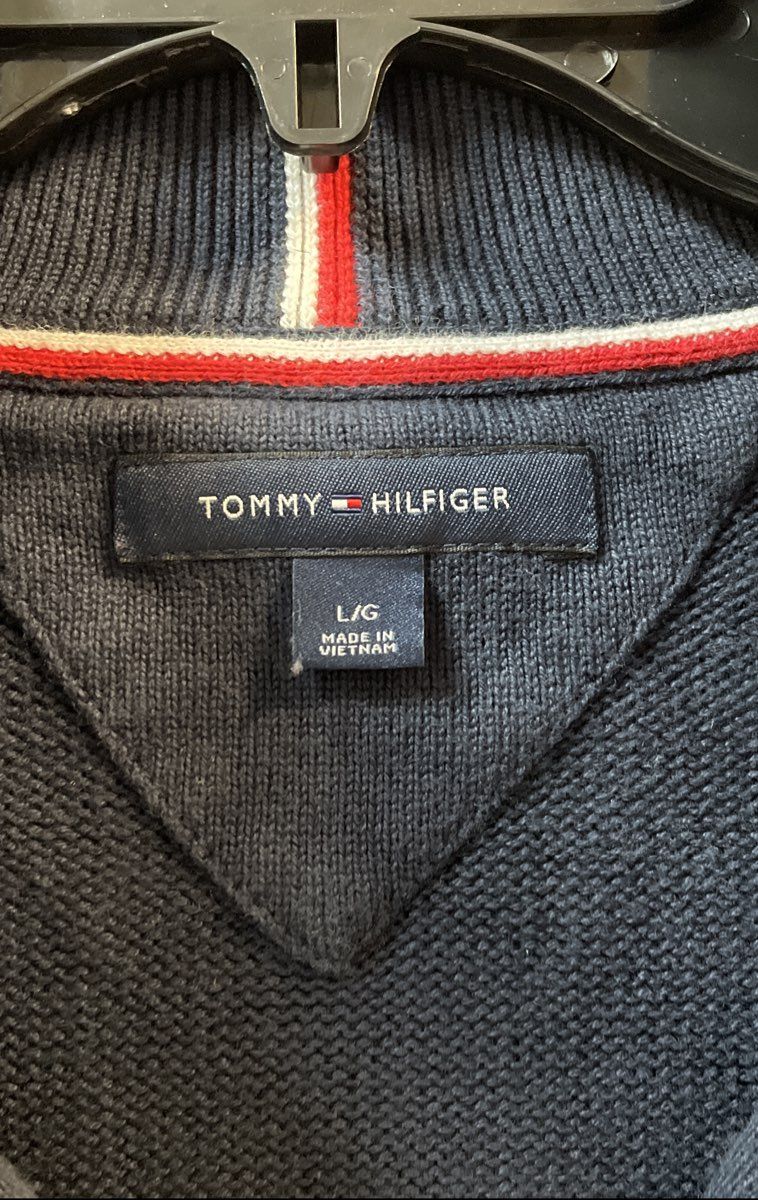 Tommy Hilfiger Men's Navy Blue 1/4 Zip Sweater Plaid Tartan Sleeves Cotton Sz L