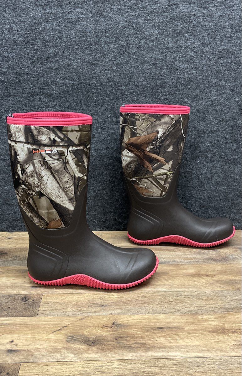 HISEA Women's Neoprene Camo Rubber Hunting Rain Boots Brown Pink Size 9.5