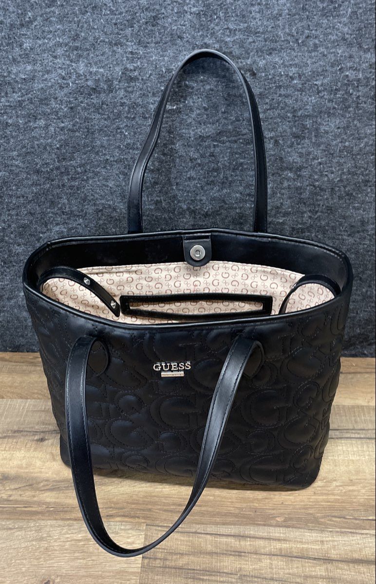 Guess Black Leather Quilted Monogram G Logo Tote Bag Silver Hardware