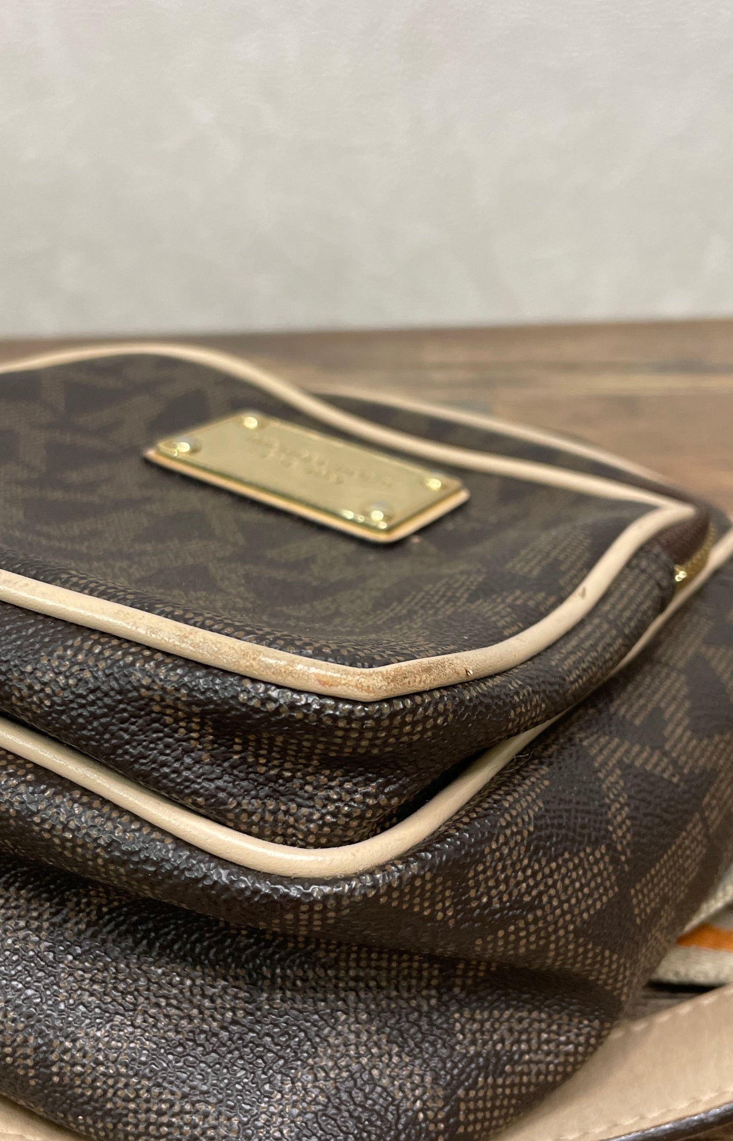 Michael Kors Brown Monogram Crossbody Bag Striped Webbing Strap Gold Hardware