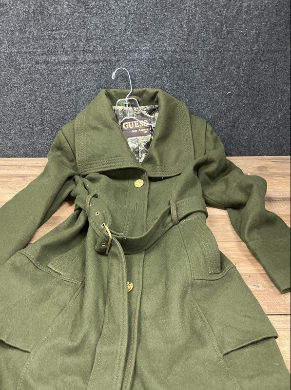 Guess Women's Olive Green Belted Wool Blend Coat Gold Tone Buttons Sz M