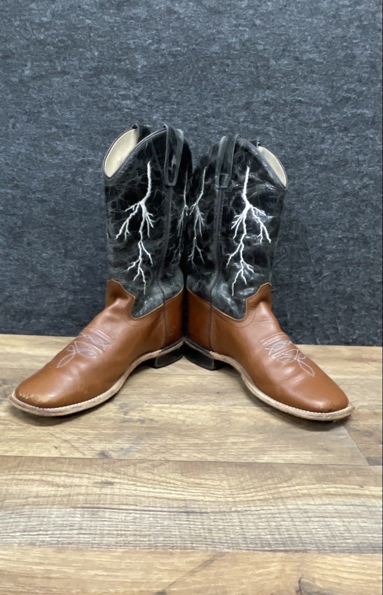 Western Lightning Bolt Square Toe Cowboy Boots Black Brown Leather Size 6D