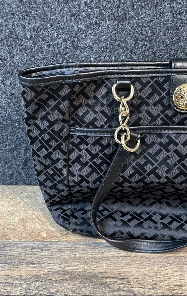 Tommy Hilfiger Black Monogram Jacquard Large Tote Bag Gold Hardware