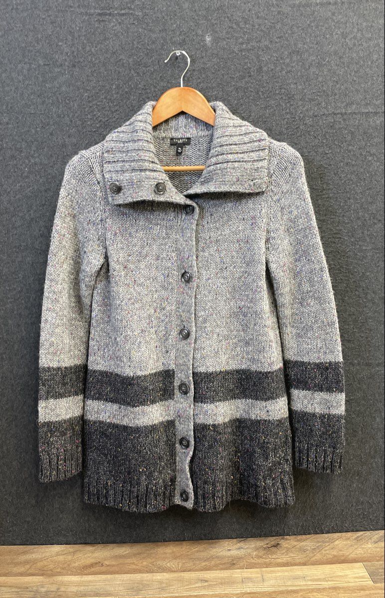 Talbots Women's Grey Wool Blend Confetti Tweed Striped Cardigan Sweater Sz MP