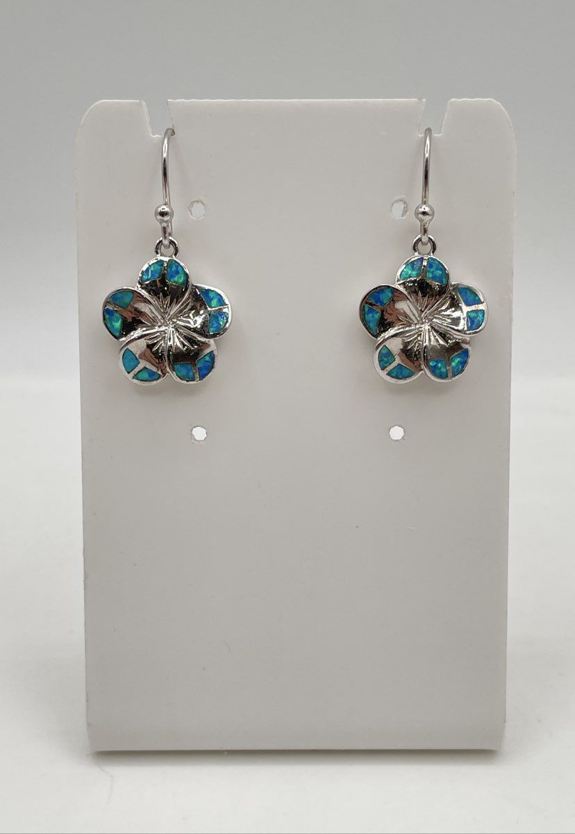 925 Sterling Silver Blue Opal Inlay Plumeria Flower Dangle Earrings 6.4g