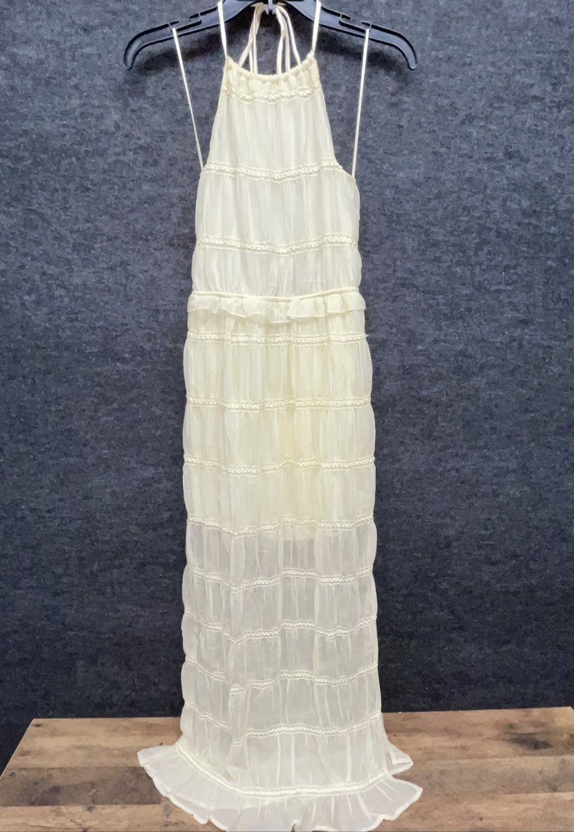 Sincerely Jules Women's Jules Tiered Ruffle Halter Maxi Dress Cream Size S NWT