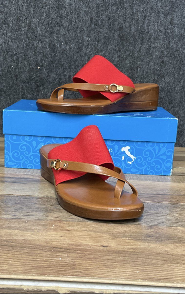 Italian Shoemakers Red Brown Elastic Strap Toe Loop Wedge Sandals Women's Size 8