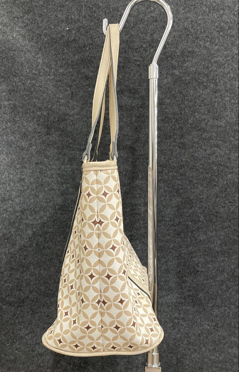 Dana Buchman Cream White Green Geometric Pattern Leather Tote Handbag