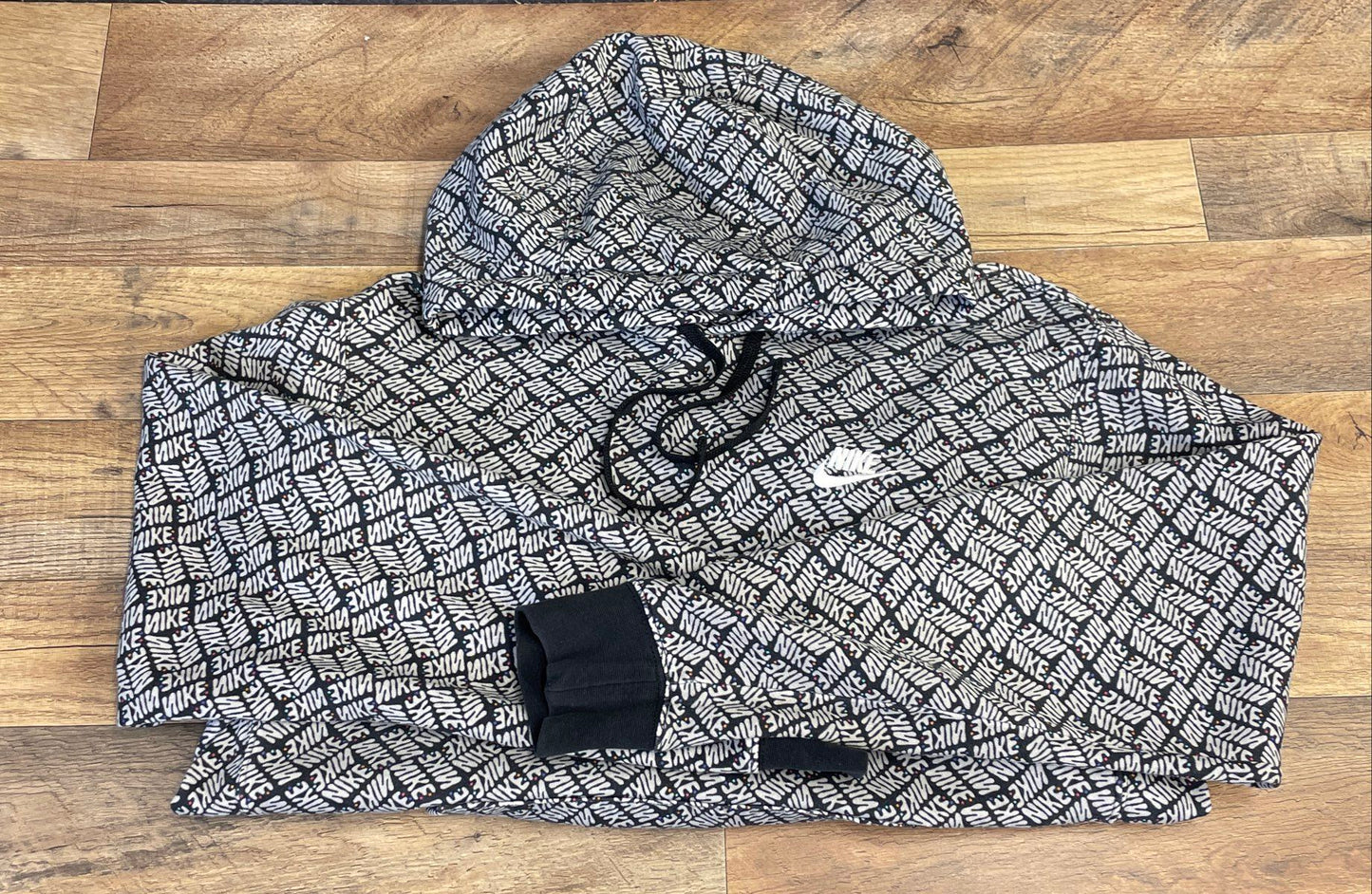 Nike Men's Hoodie Black White All Over Print Logo Pullover Fleece Sz S