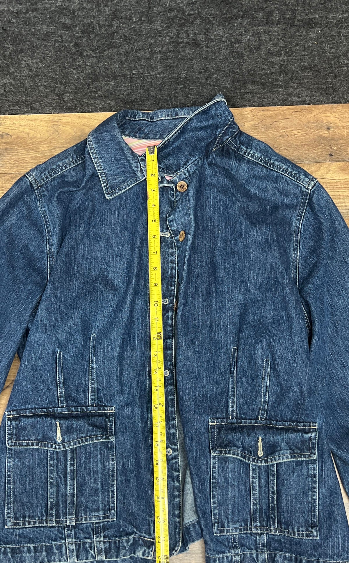Caribbean Joe Women's Blue Denim Jacket Button Front Striped Trim Pockets