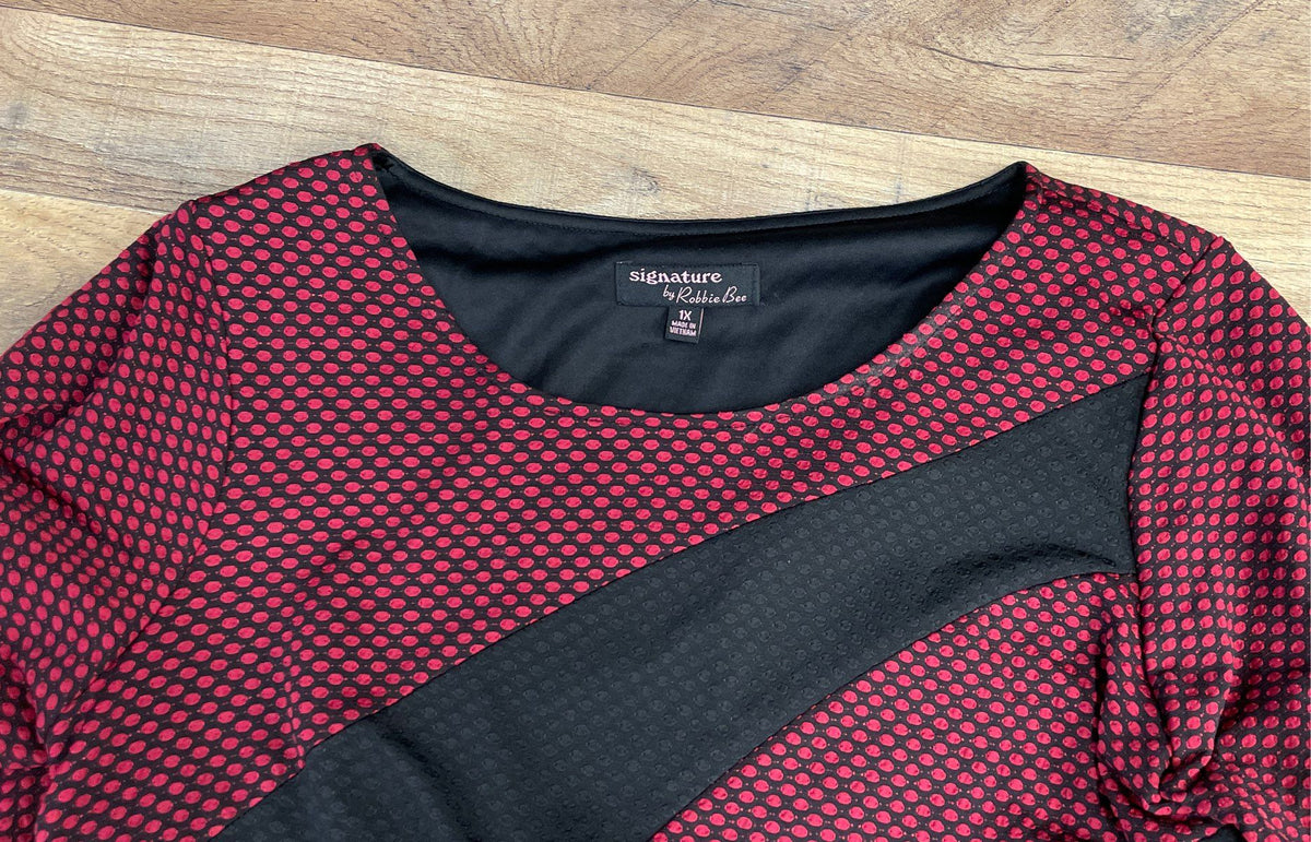 Signature by Robbie Bee Women's Red Black Textured Diagonal Stripe Dress Sz 1X
