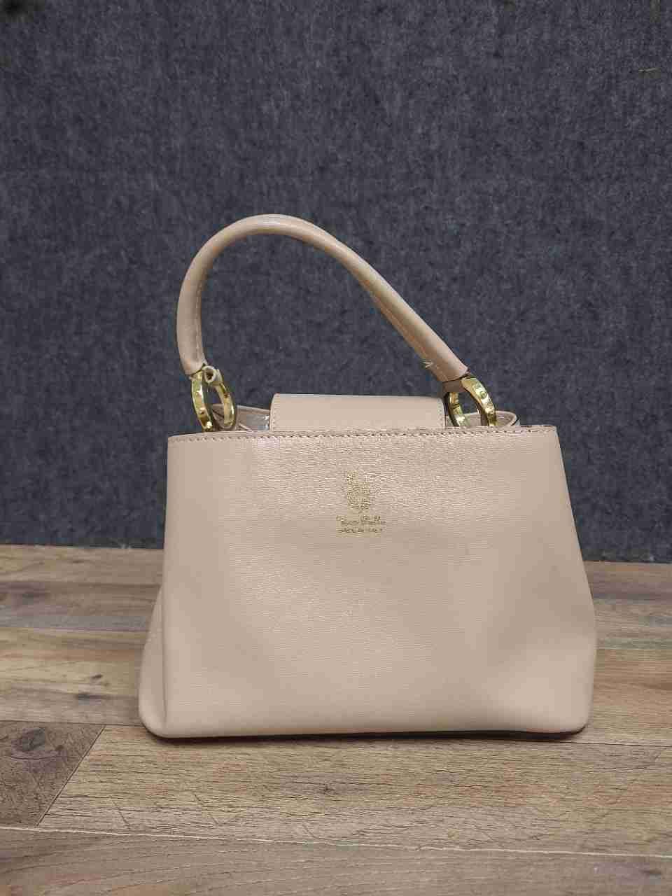 Vera Pelle Beige Saffiano Italian Leather Top Handle Satchel Bag Medium