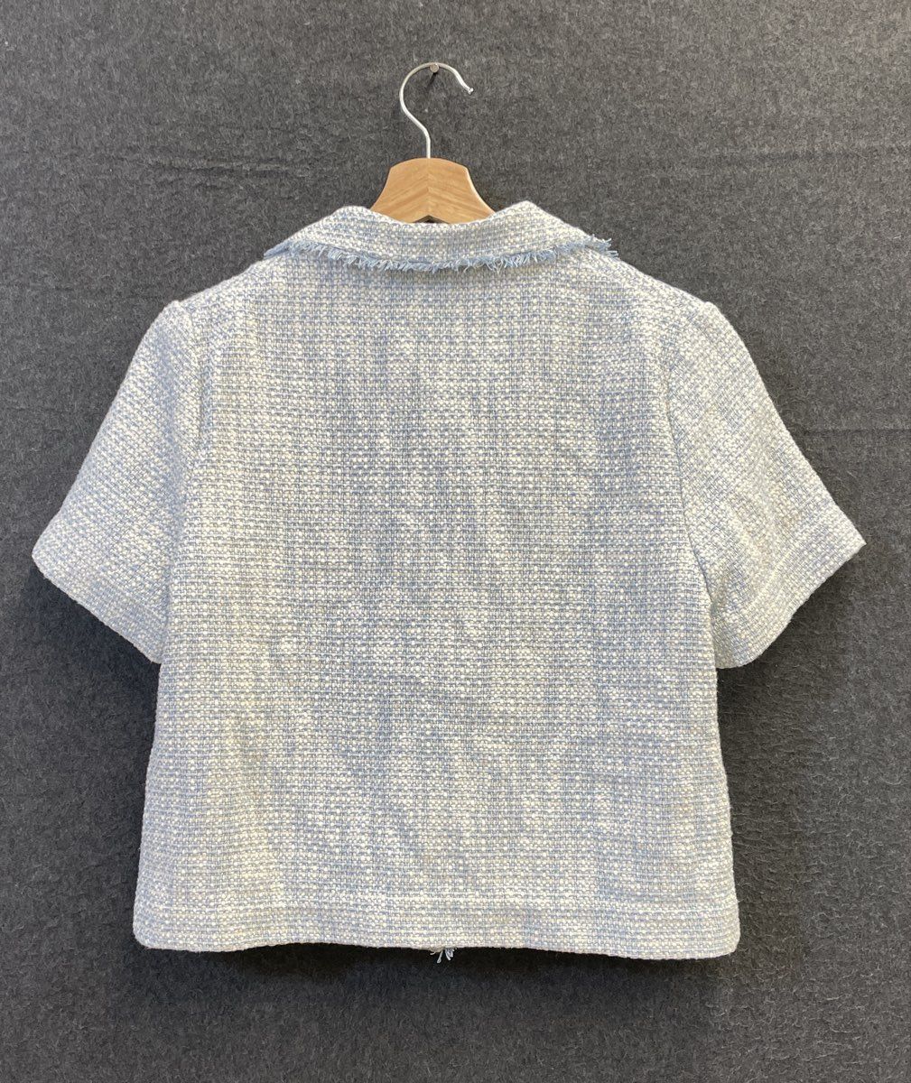 Joie Women's Tweed Short Sleeve Jacket Blue White Fringed Cotton Sz XS NWT