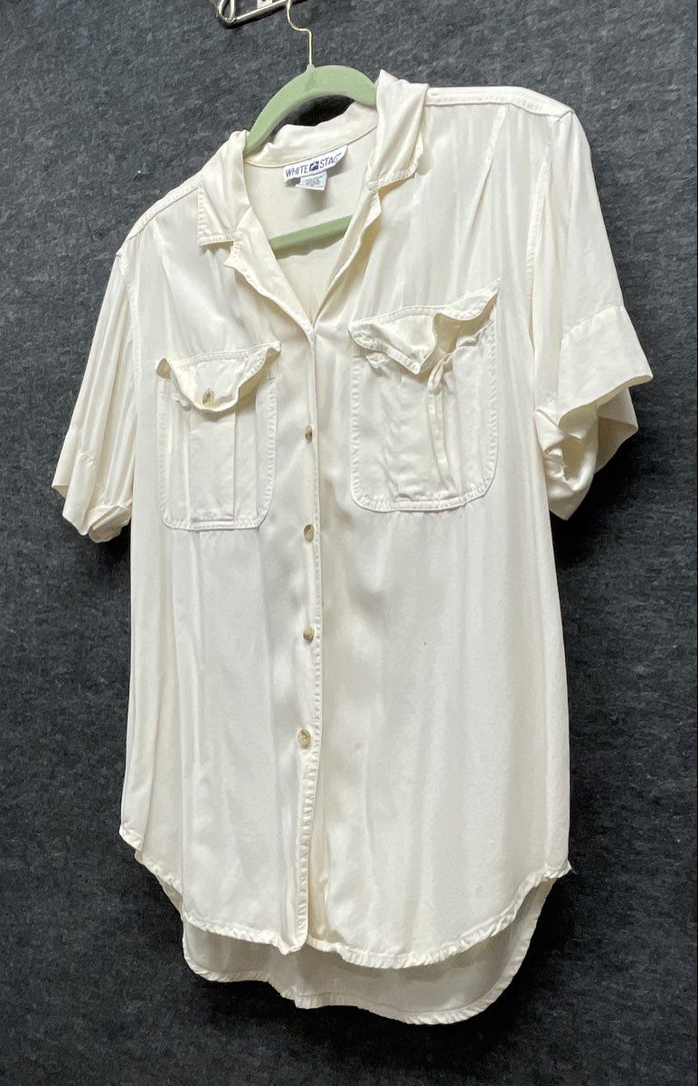 Vintage 90s White Stag Women's Cream Rayon Short Sleeve Utility Blouse Sz M