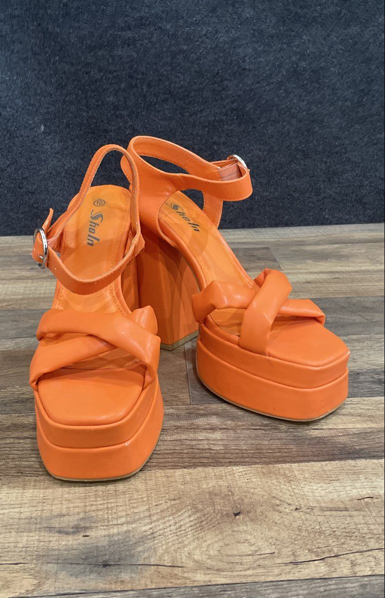 SheIn Orange Cross Strap Chunky Block Heel Platform Sandals Women's Size 10