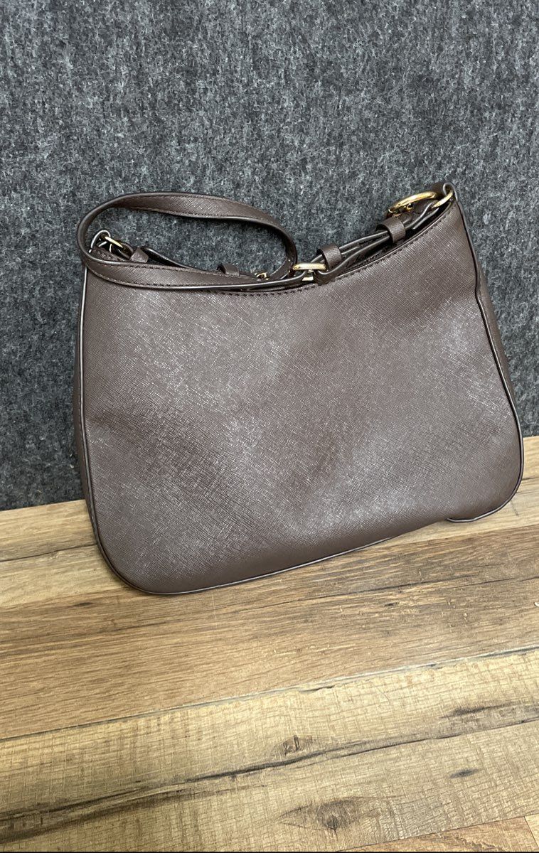 GUESS Brown Saffiano Leather Noelle II Shoulder Bag Gold Hardware