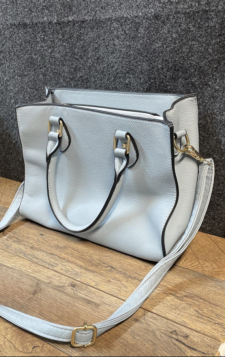 Light Blue Pebbled Faux Leather Satchel Handbag Crossbody Bag Gold Hardware