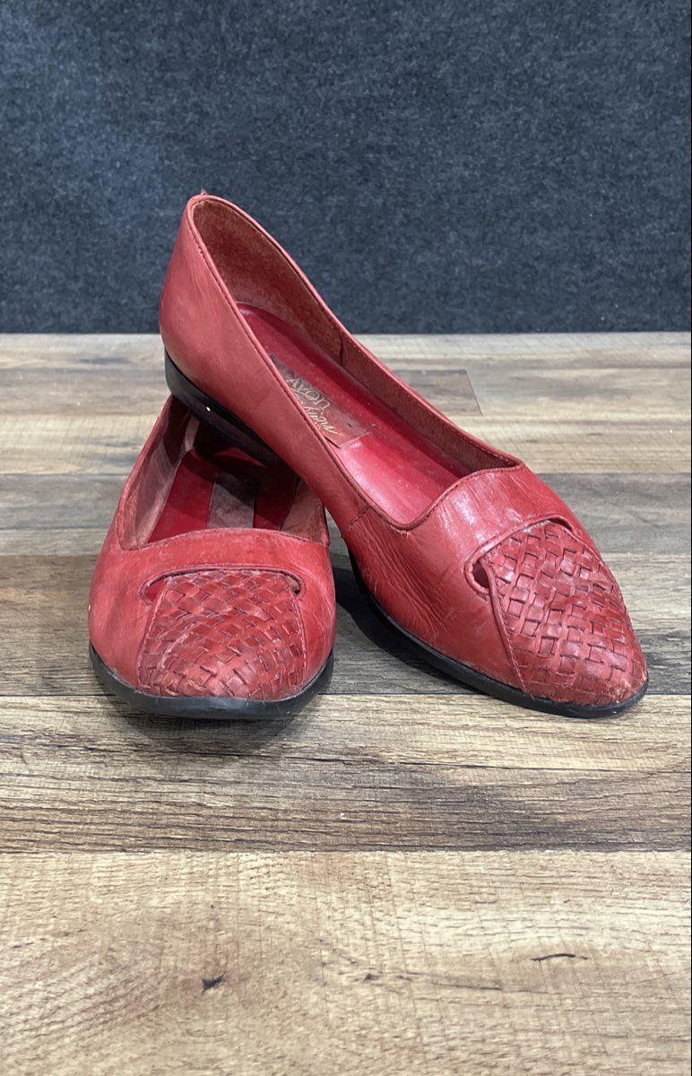 Vintage 90s Avon Fashions Red Woven Toe Leather Ballet Flats Size 8.5 B