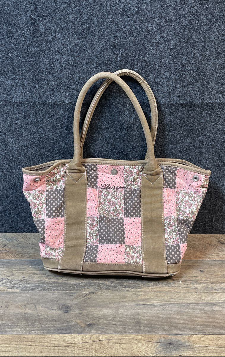 Life is Good Pink Brown Floral Patchwork Quilted Canvas Tote Bag