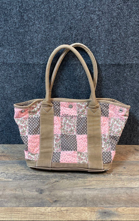 Life is Good Pink Brown Floral Patchwork Quilted Canvas Tote Bag