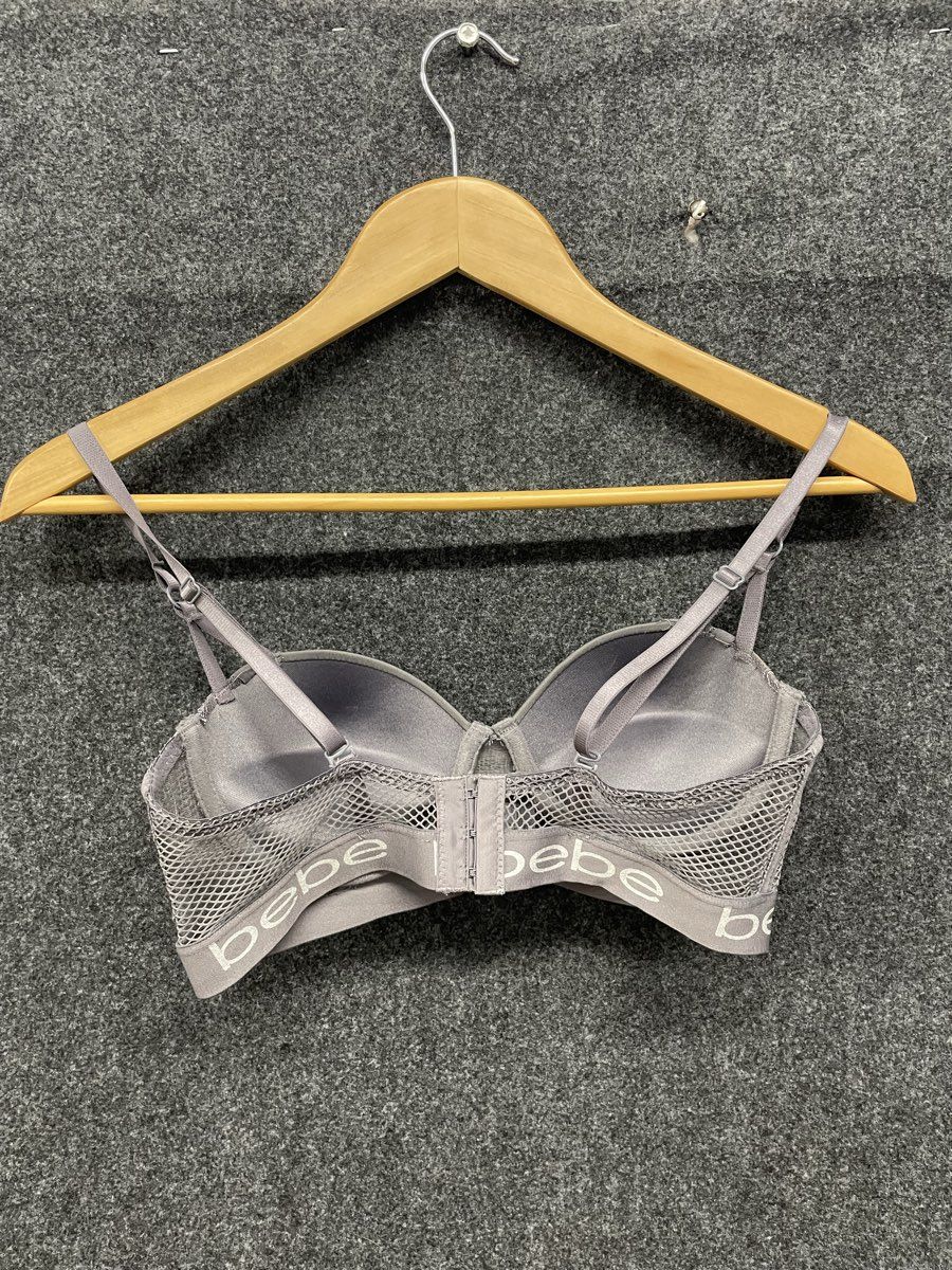 Bebe Women's Gray Lace Rhinestone Logo Band Push Up Underwire Bra Size 34B