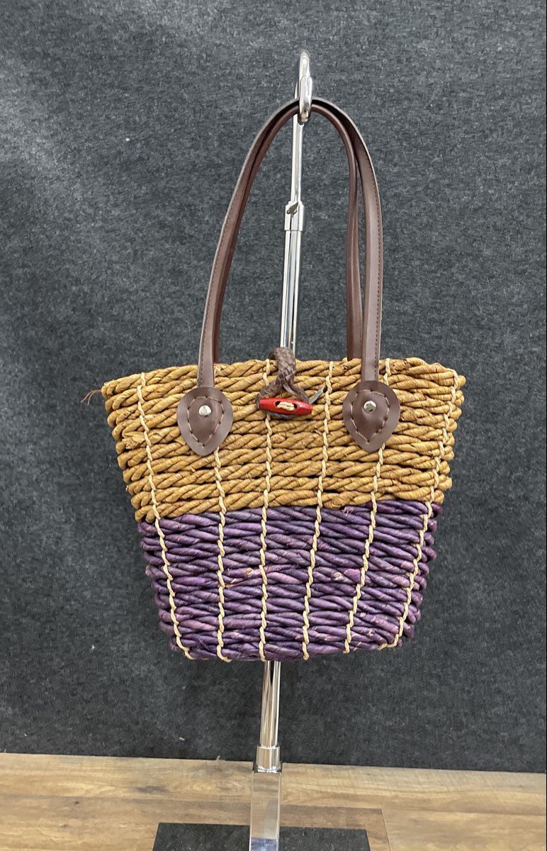 Tan and Purple Woven Straw Wicker Basket Tote Bag Wood Toggle Closure