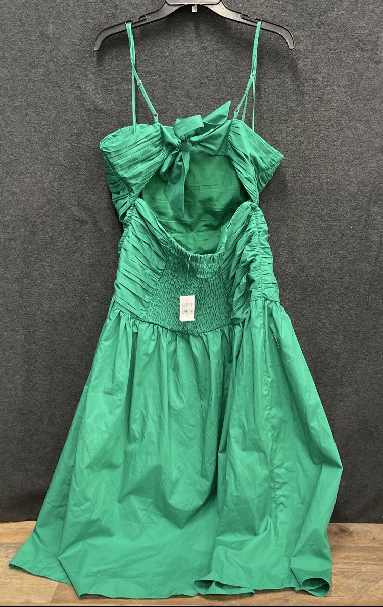 LOFT Women's Green Ruched Tie Back Spaghetti Strap Cotton Midi Dress Sz 10 NWT