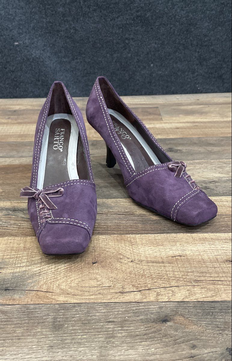 Franco Sarto Balzar Purple Suede Square Toe Bow Pumps Heels Women's Size 7.5