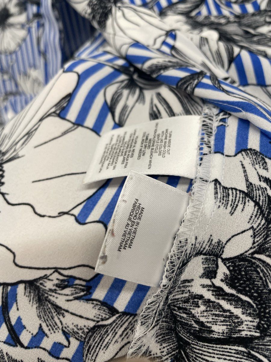Jones Studio Women's Long Sleeve Shirt Blue White Striped Floral Sz S