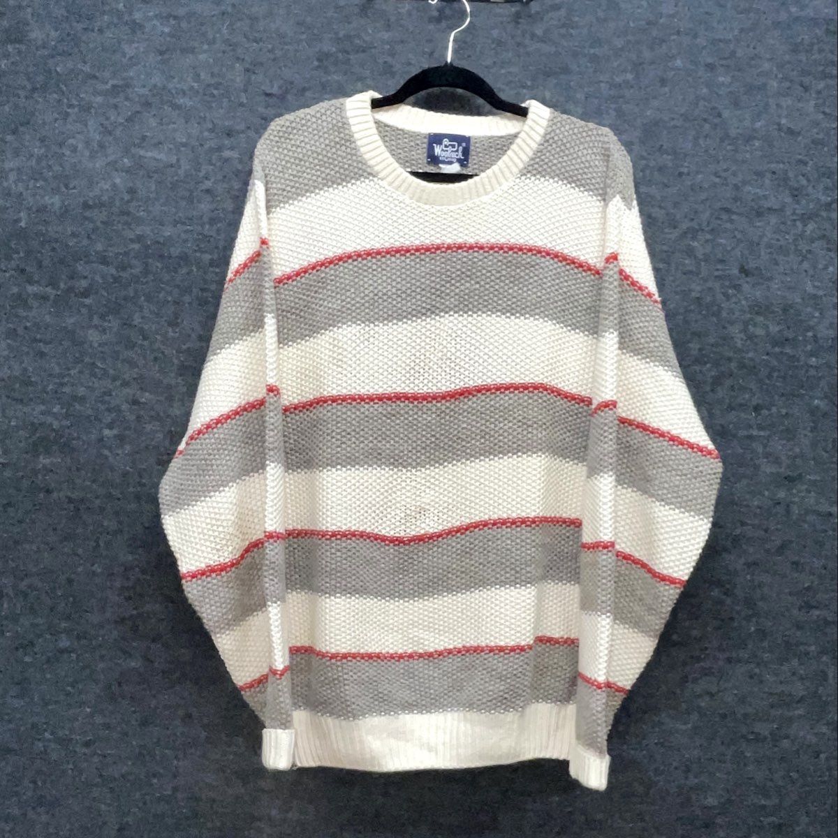 Vintage 90s Woolrich Men's Olive Gray Striped Cotton Crewneck Sweater Sz XL