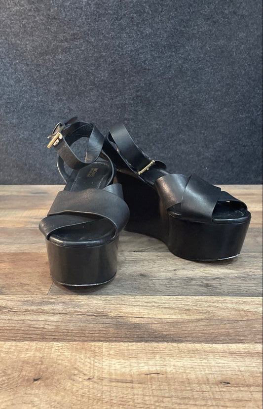 Michael Kors Black Leather Strappy Platform Wedge Sandals Women's Size 7.5