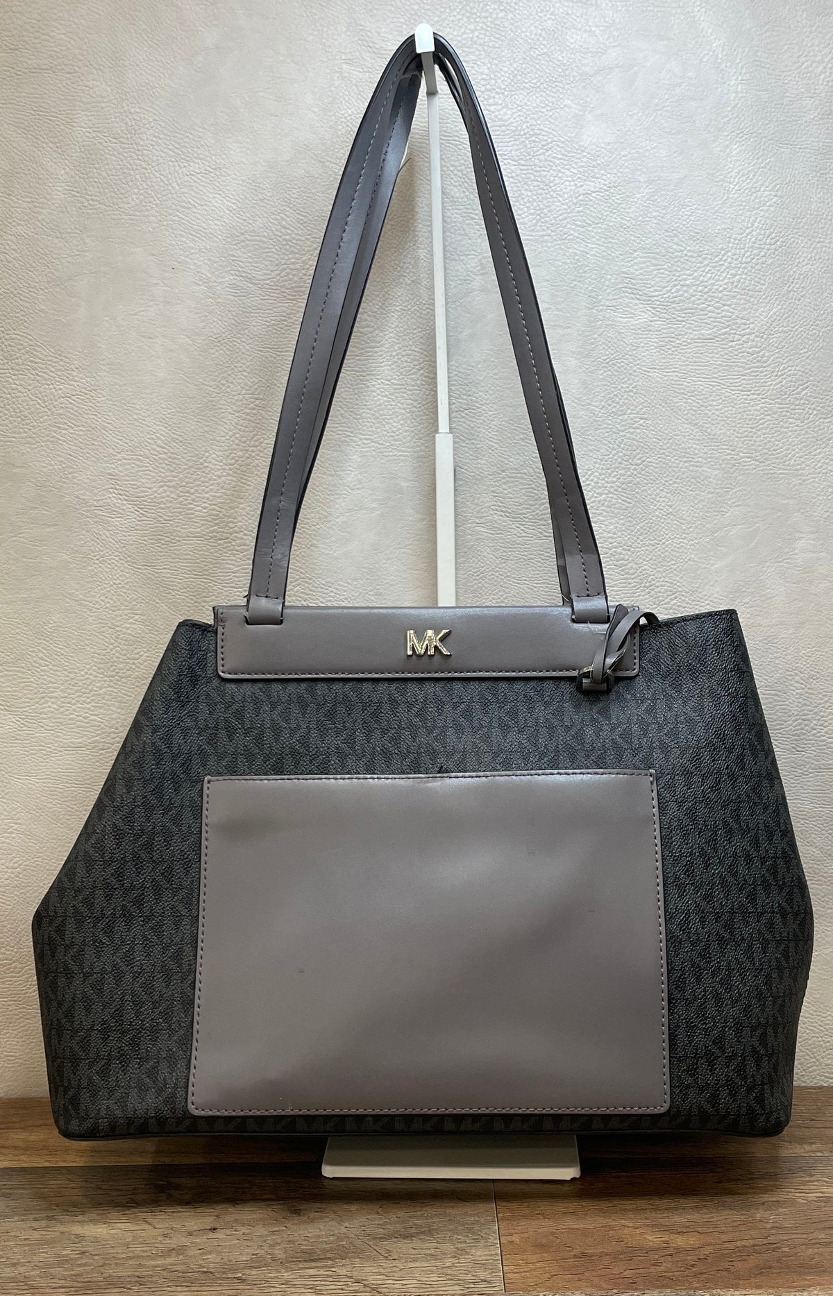 Michael Kors Black Grey Signature Monogram Logo Tote Bag Silver Hardware