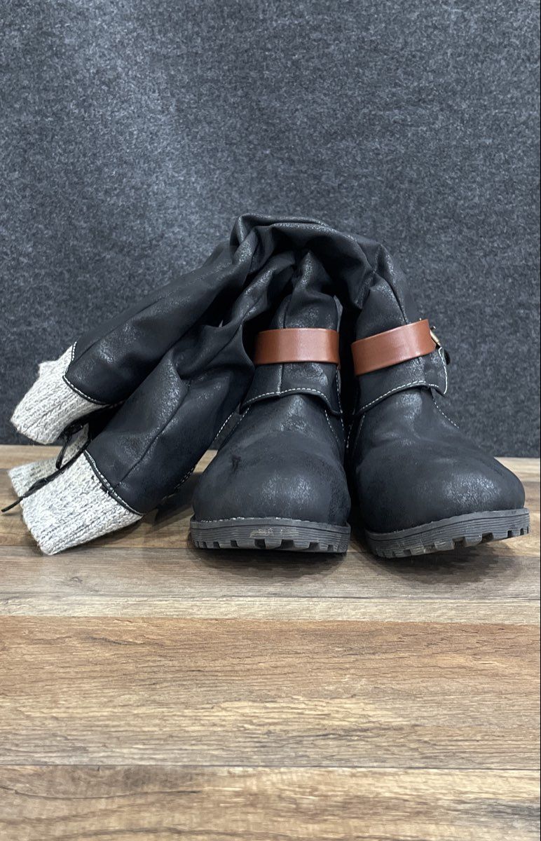 Black Distressed Faux Leather Knit Cuff Slouch Buckle Boots Size 39